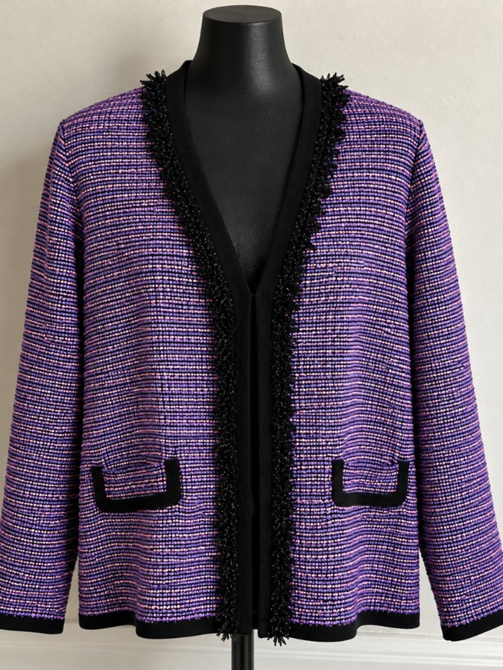 Exclusively Misook Fringe Knit Open Front Cardigan Jacket Small S